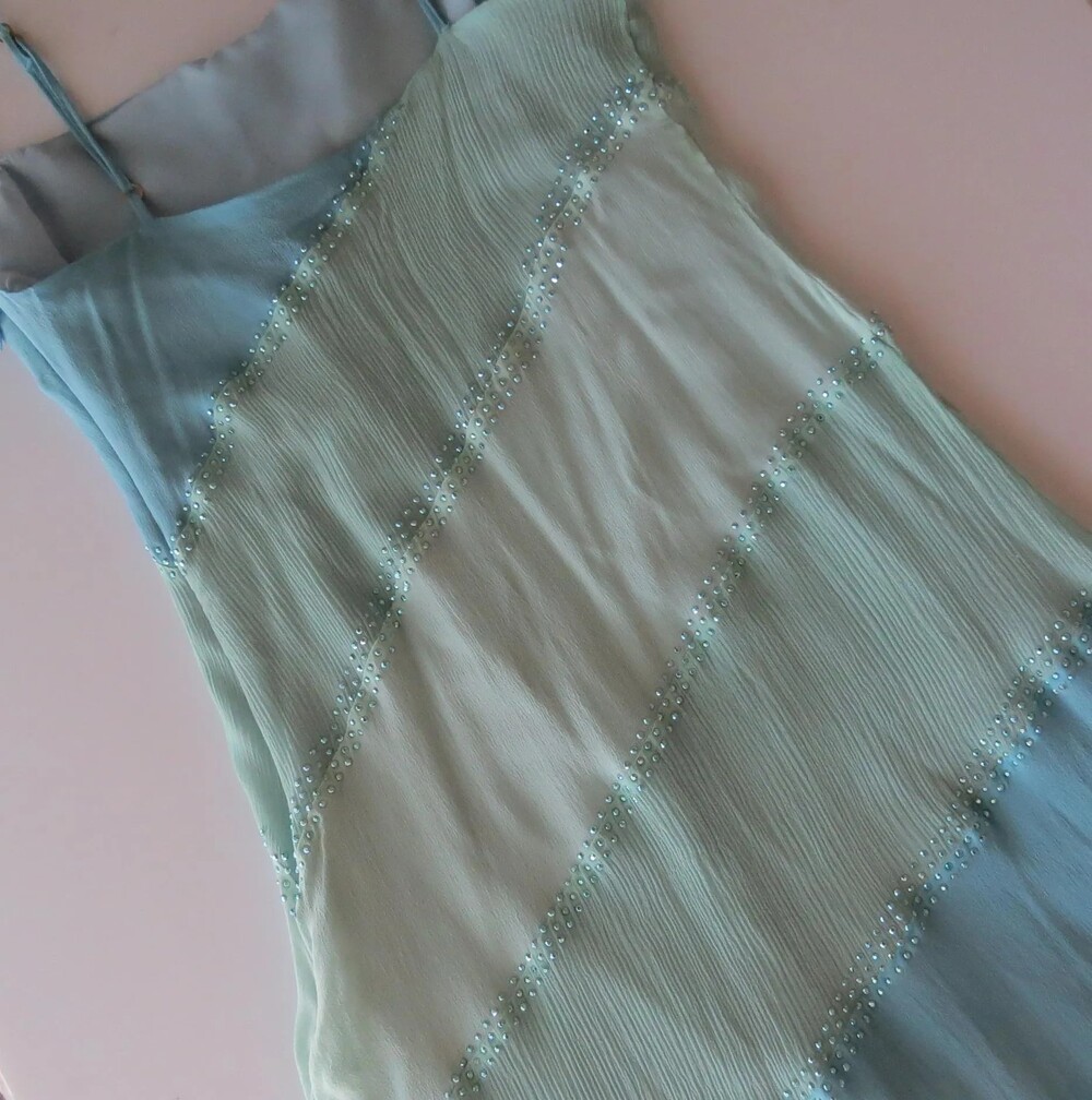 Betsey Johnson Vintage Silk Chiffon Slip Dress, Bias Cut, Aqua Sage, Made in Ita